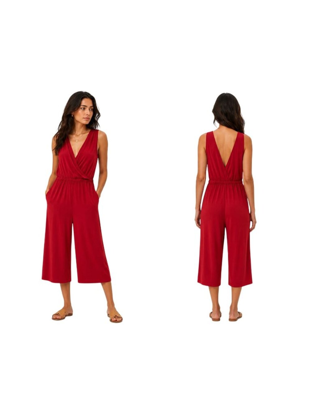 Time & Tru Size Lg  Sleeveless Red Wrap Jumpsuit  V-Neck Wide-Leg Design Length
